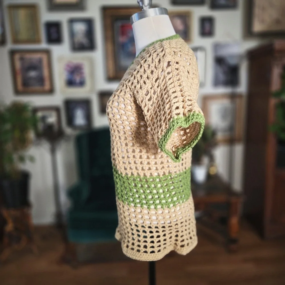 Samz‎ Creationz Handmade Crochet Mesh Top Tan Green Boho Open Knit Short Sleeve